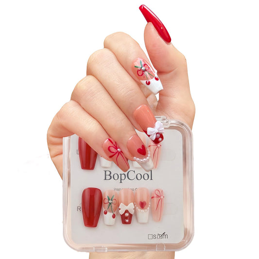 Luxury Handmade Press On Nails - Coffin 3D Bows & Cherry Pearls, French Red Reusable False Nails for Date Night & Spring Party, Salon-Grade Gel Acrylic Nail Art (S-10PCS)