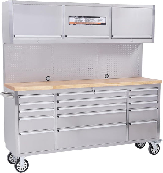 Heavy Duty 61" Tool Chest Cabinet, Mobile Garage Workbench with 15Drawers and Power Strip, Rubber Wood Worktop, 1675 LBS Load, Rolling Tool Storage Organizer for Mechanic, Shop or Home Use