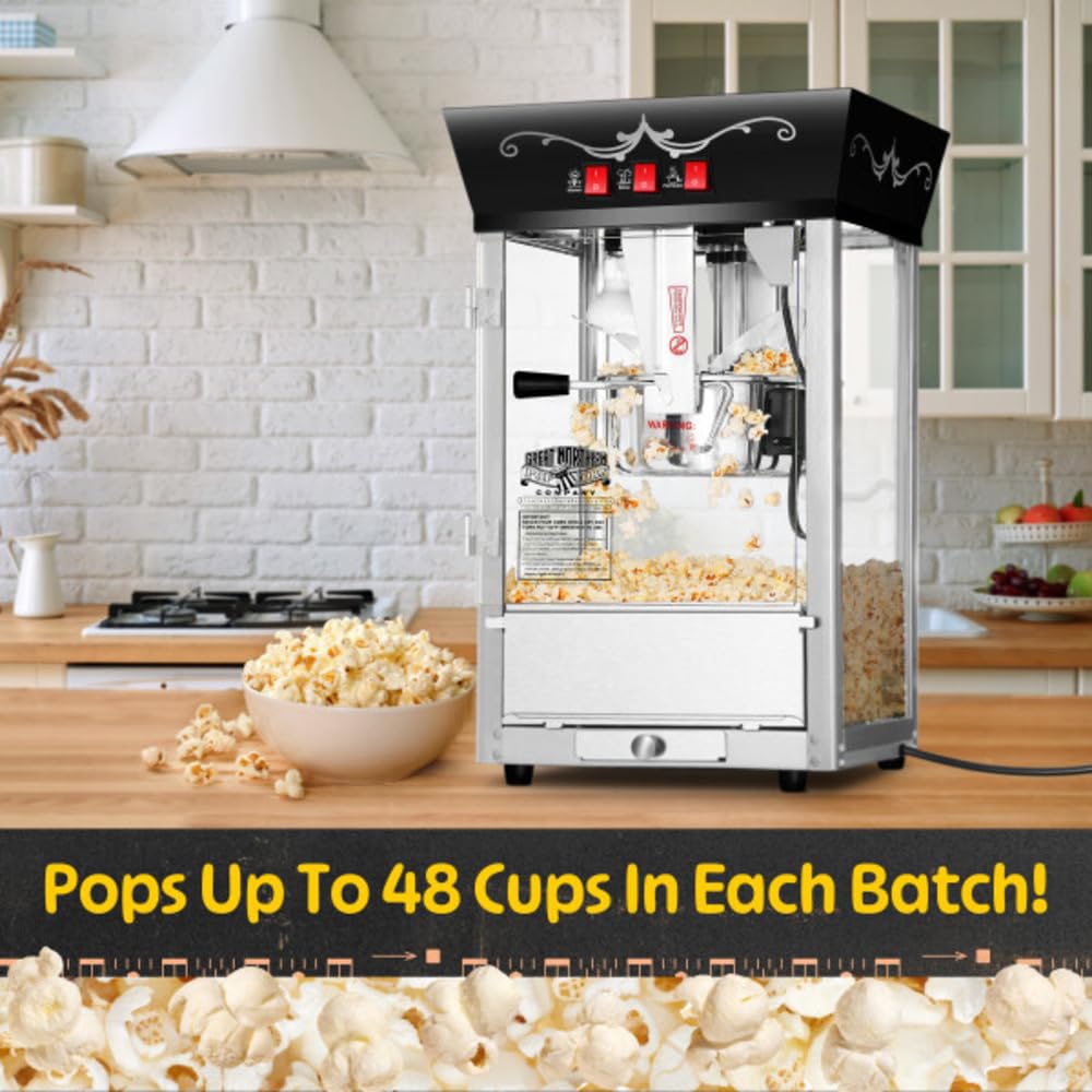 Matinee Popcorn Machine - 8oz Popper with Stainless-Steel Kettle, Reject Kernel Tray, Warming Light, and Accessories by Great Northern Popcorn (Black)