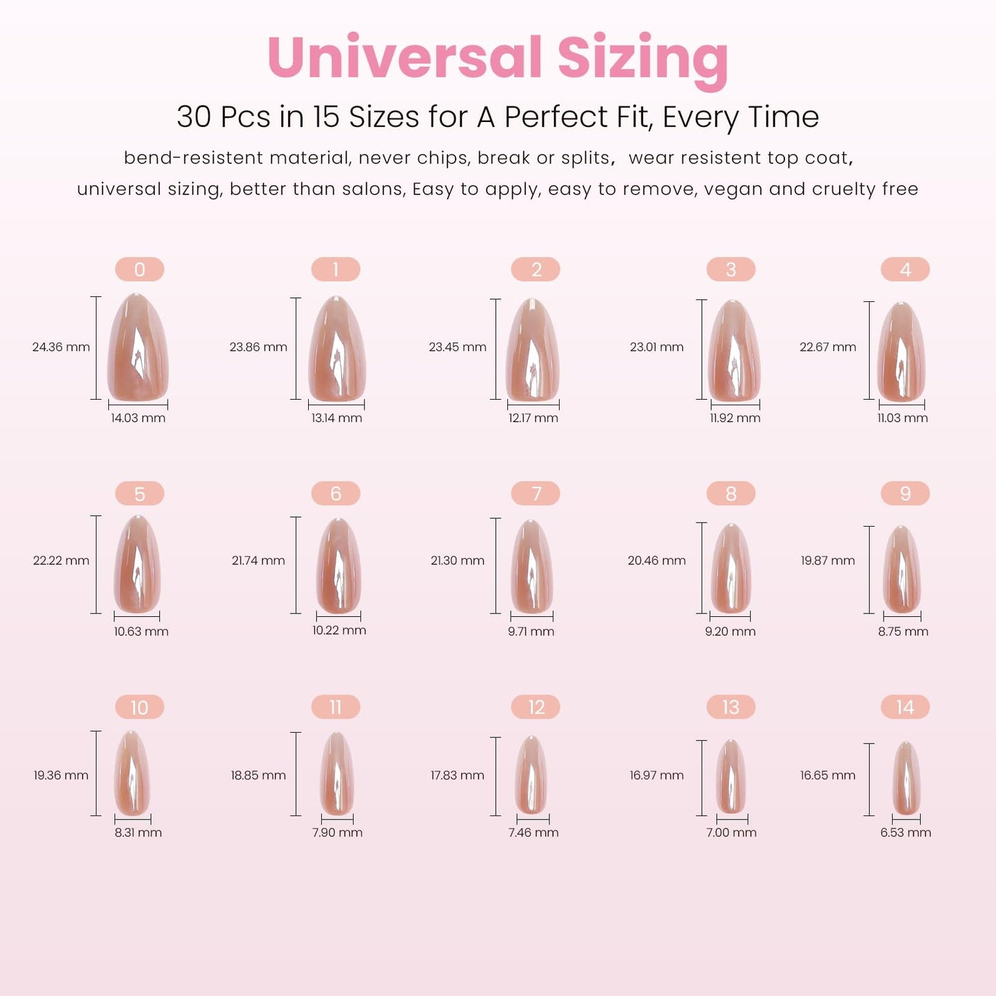 Nail Reformation Press On Nails Almond, Rose Gold Fake Nails Medium, Glazed Finish Fit Perfectly & Natural Reusable Stick On Ombre False Nails, 15 Sizes – 30 Nail Tips With Glue, Gifts for Women