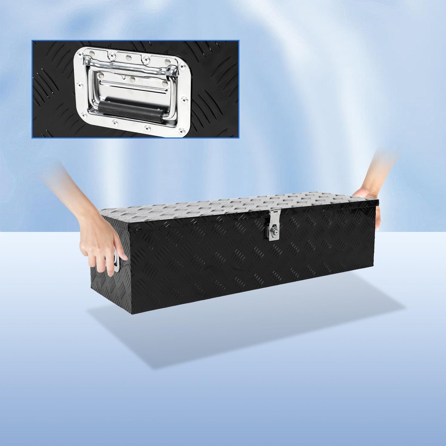 Heavy Duty Aluminum Stripes Plated Truck Bed Tool Box for Truck, Pickup, RV, Trailer, 39×13×10 inch Waterproof Storage Organizer with Side Handles, Lock and Keys（Black）