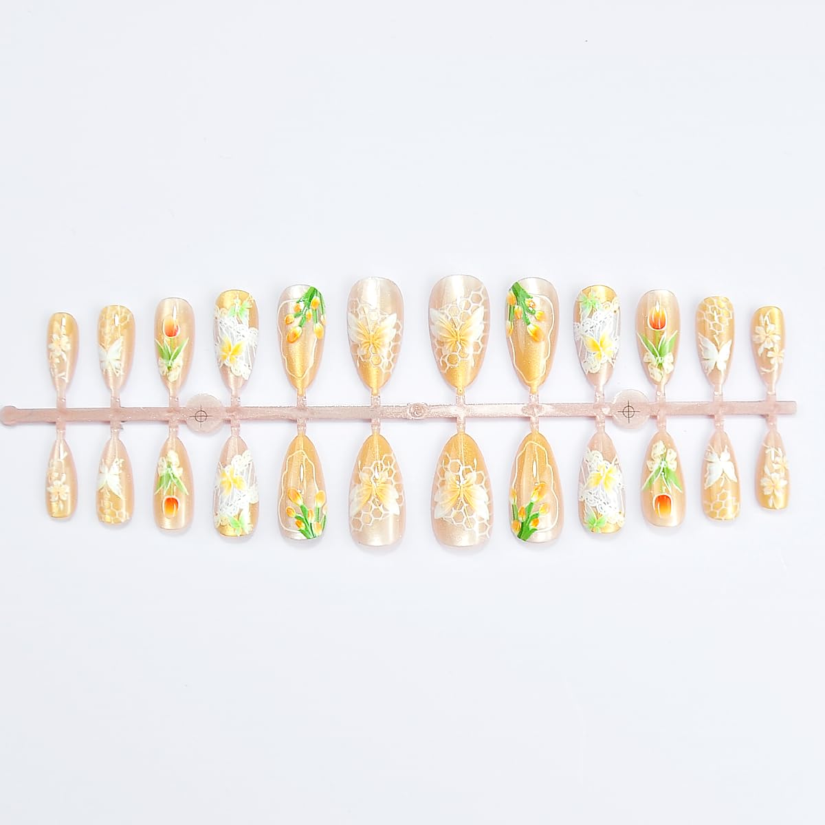 Spring Press on False Nails Gold Ombre Cat Eye Fake Nails Medium Almond Glue on Nails with Tulip Butterfly Designs Press ons Stick on Nail for Women Manicure 24Pcs