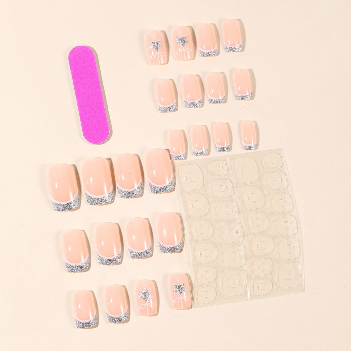 Christmas Medium Square False Nails 24Pcs Sparkly Stars Press on Nails French Tips Gel Glue on Nail New Year Stick on Fingernails Glossy Silver Glitter Acrylic Fake Nail for Women Xmas Gift