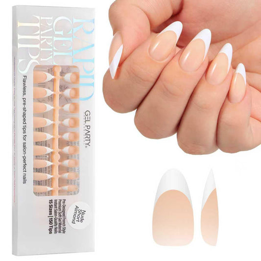 GELPARTY Soft Gel French Nail Tips – 150pcs, 15 Sizes, Pre-Shaped Nude Short Almond & Classic French Tips, Professional DIY Manicure, Long-Lasting & Easy Application