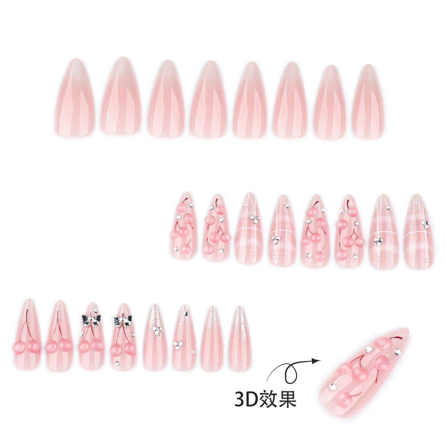 Medium Almond Press on Nails for Women,Cherry Blossom & Silver Bow,Fake Nails Artificial Stick on Nails