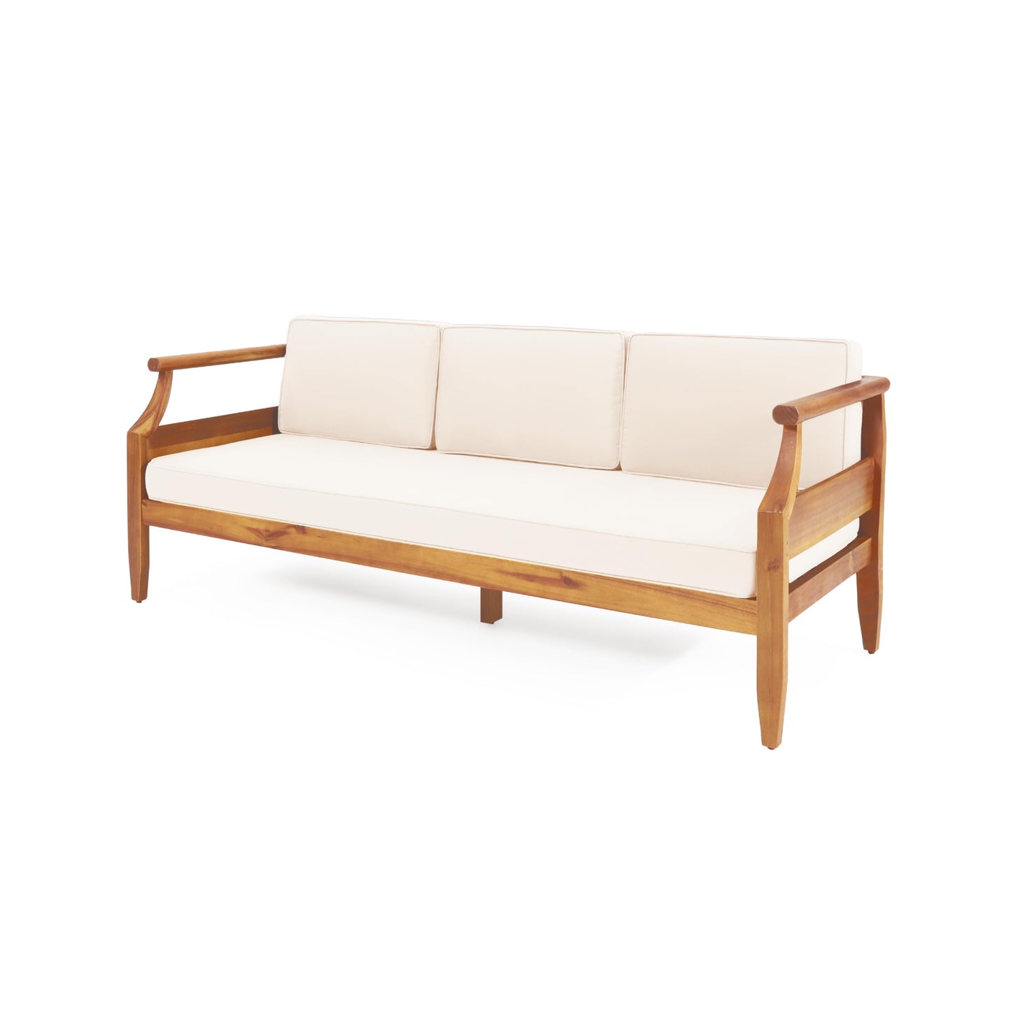 Christopher Knight Home Aston Outdoor 3 Seater Sofa, Upholstered Cushion Couch, Acacia Wood Bench Sofa, Slat Armchair, 73.25" W Spacious Seating Bench Couch for Gardern Porch Balcony, Teak+Beige