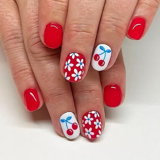 Red Press On Nails Short Square Fake Nails Flower With Cherry Design Spring False Nails Glossy Full Cover Acrylic Glue On Nail Artificial Stick On Nail For Women 24pcs