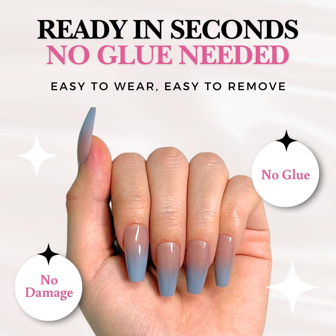Press On Nails PerfectLook - Moon Fade | No Glue One-Day Long Coffin Nails, Grey Ombre Glossy Fake Nails - 24 Pcs Nail Kit with Adhesive Tabs