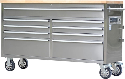 61-Inch Heavy-Duty Rolling Tool Chest & Mobile Workbench with 9 Drawers, Steel Storage Cabinet, Rubber Wood Tabletop, Key Locking System and Drawer Liners for Garage, Workshop, Repair Shop, Silver