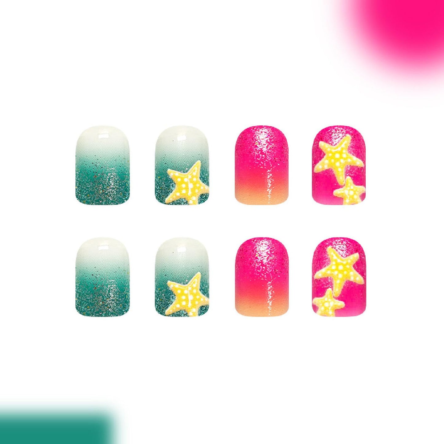 24Pcs Starfish Press on Nails Short Square Fake Nails with Gradient Glitter Designs Nails Press ons Red Green Artificial Nails Summer Stick on Nails for Women
