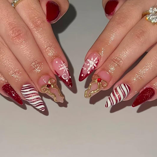 plalely Almond Press on Nails Long Christmas Fake Nails Embossed Bow Stick on Nail Tips for Women 24pcs