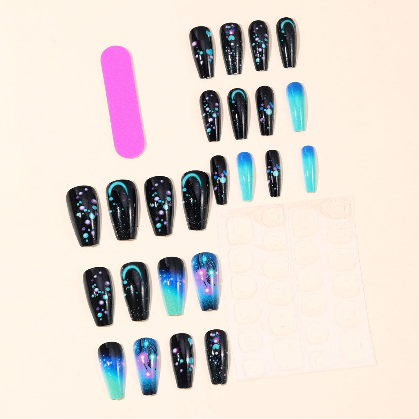 Starry Sky Press on Nails Nebula Acrylic Full Cover Fake Nails Milky Way Stick on Nail 24Pcs Glossy Blue Gradient Medium Coffin False Nail Purple Ombre Gel Glue on Fingernails for Holiday Manicure Art