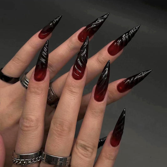 MISUD Press on Nails - Long Stiletto Glue on Nails with Goth Red Black, Acrylic Gothic Vampire Design 24 pcs