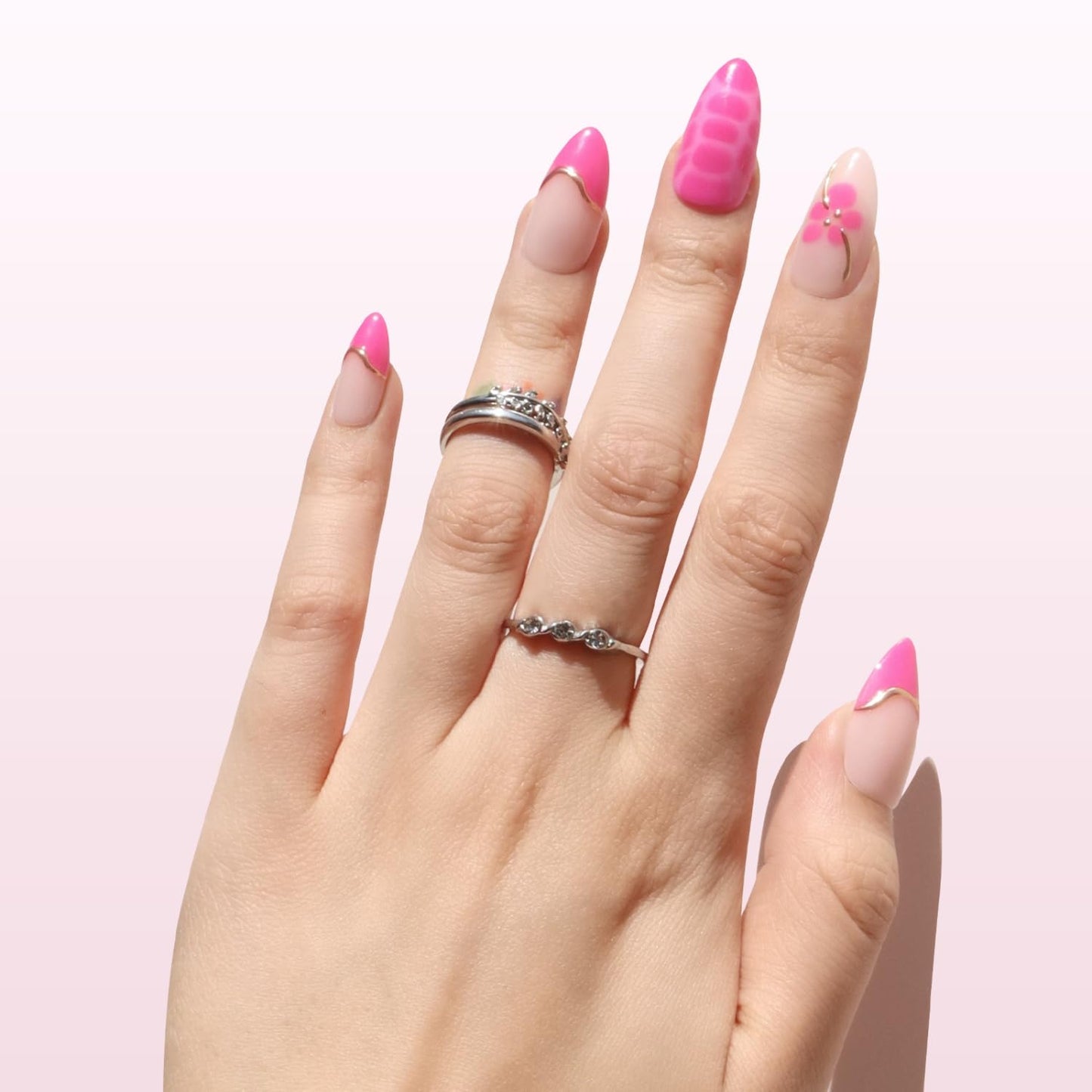 Nail Reformation Press On Nails, Peony Pop | 3D Floral Medium Almond Fake Nails with Pink French Tips on Nude Base in Glossy Finish, Reusable Stick On Nails in 15 Sizes - 30 Nail Kit for Women Gifts