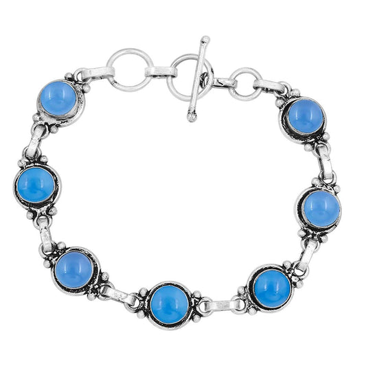Natural Chalcedony 925 Silver Plated Round Gemstone Bracelet for Women - March Birthstone Vintage Bohemian Style Handmade Link Adjustable Bracelet Gifts for Mom Wife Sister Her
