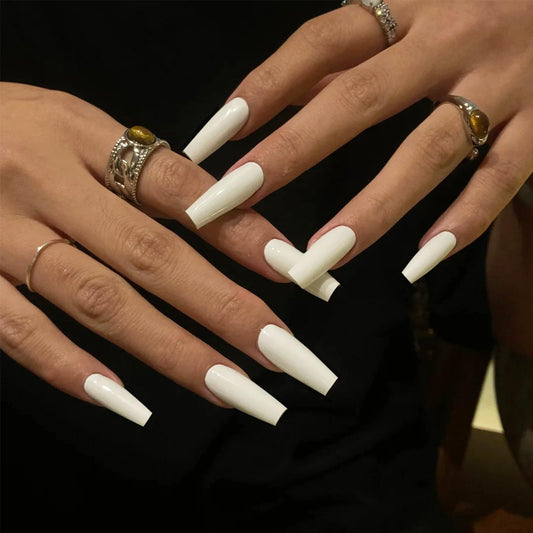 IMSOHOT White Press on Nails Long Coffin Fake Nails Full Cover Glossy Glue on Nails Ballerina Acrylic Nail Supplies Solid Color Artificial False Nails