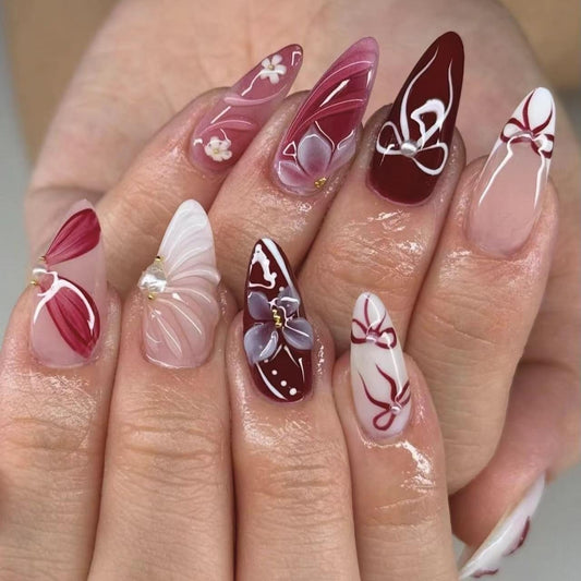 plalely Almond Press on Nails Long Wine Red Fake Nail3D Flowers Charm Acrylic Nail Press ons with Embossed Design Stick on Nails for Women 24pcs