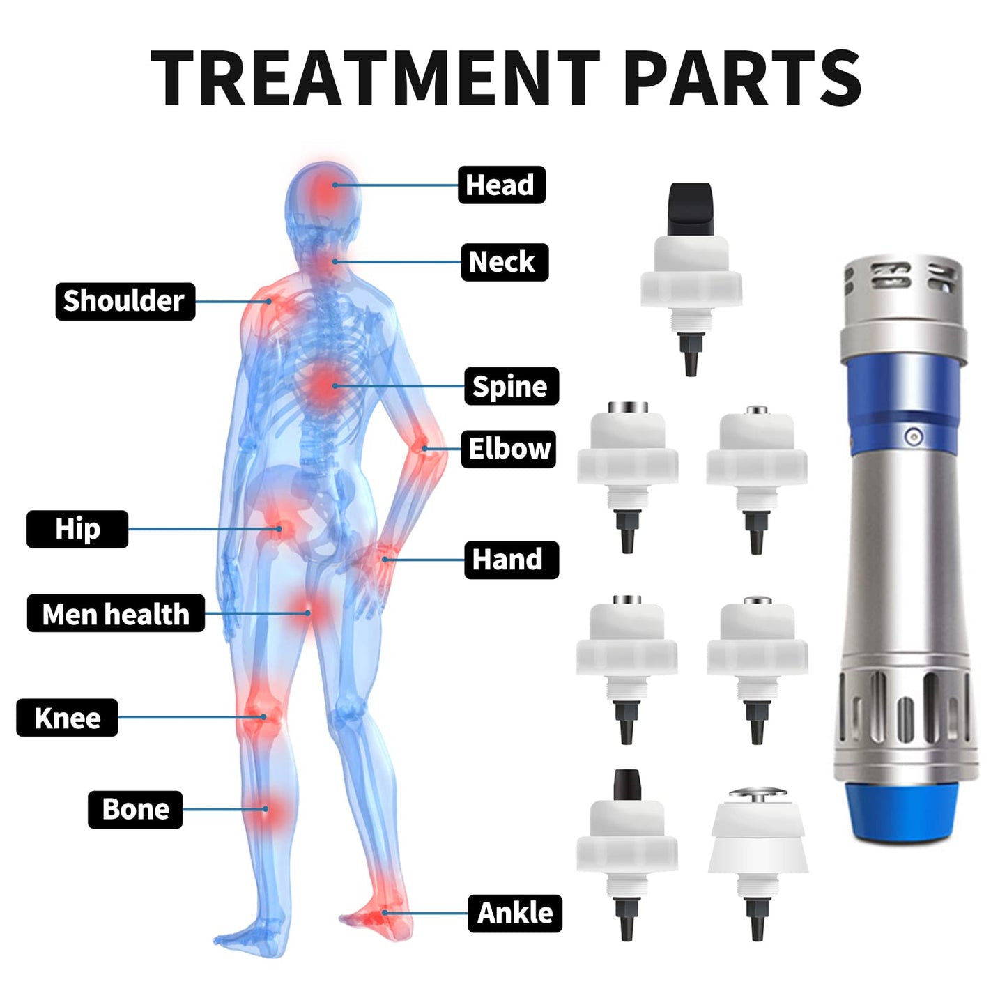 Generic Shockwave Therapy Machine Extracorporeal Shock Wave Therapy Device 7in1 Focused Shockwave Therapy Machine Pain Relief at Home for Body Feet Knees, Silver