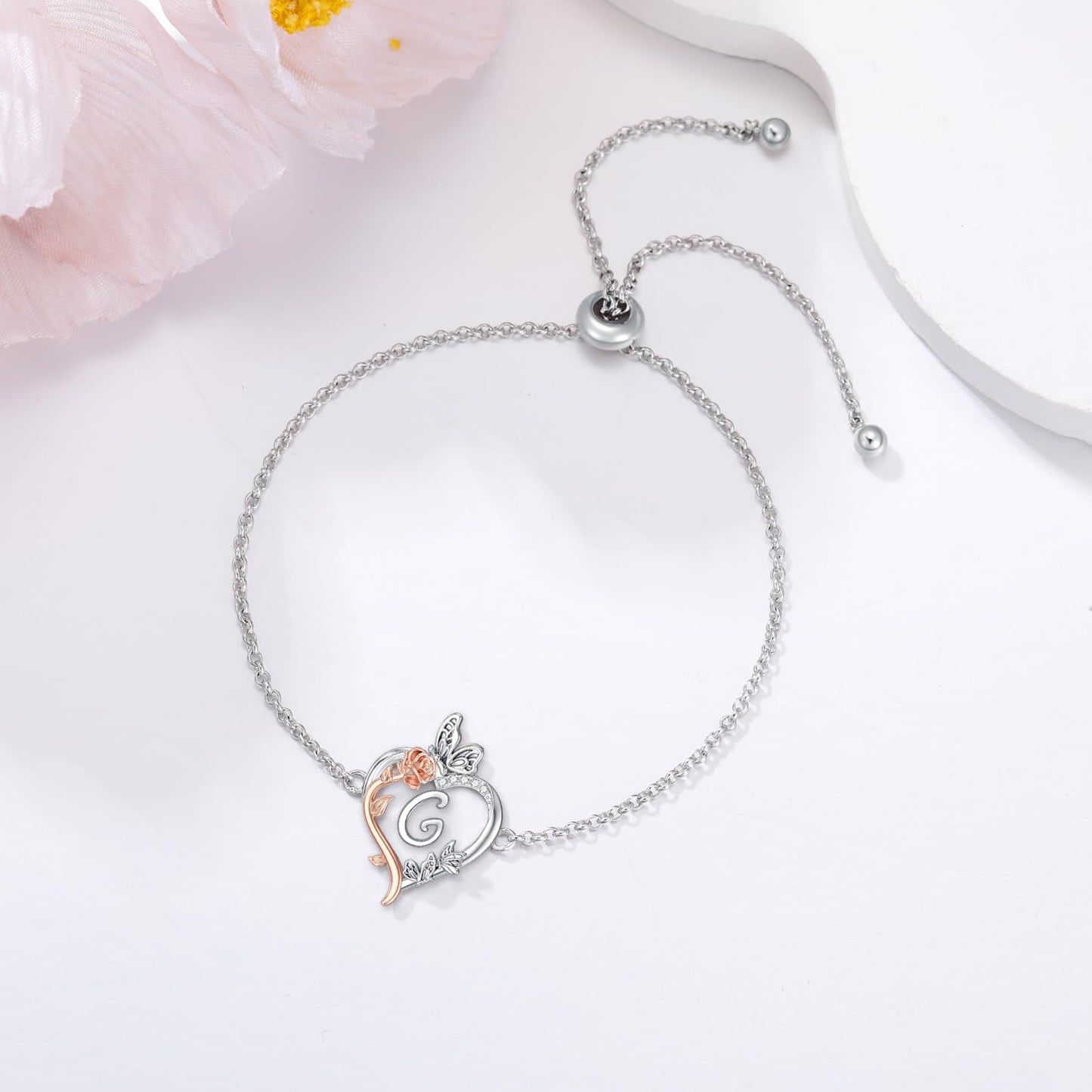 TOUPOP Rose Heart Bracelet for Women Sterling Silver Heart Initial G Letter Bracelet Butterfly Love Jewelry Anniversary Birthday Mothers Day Gifts for Mom Wife Her Girlfriend