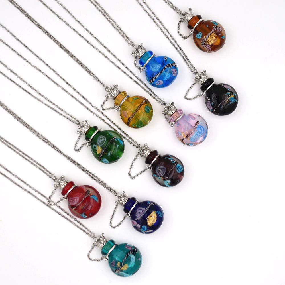 Stainless Steel Colored Glass Pendant Necklace Diffuser Perfume Pendant Aromatherapy Charms (Royal Blue)