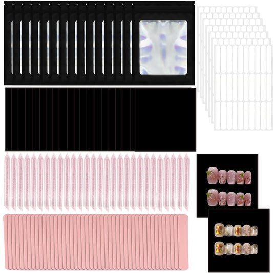 100 Set Press On Nail Tool Kit,Professional Nail Prep Application Disposable Kit With Nail File,Adhesive Tabs,Nails Sticks,Storage Bag and Black Cardboard for Nail Salon Home