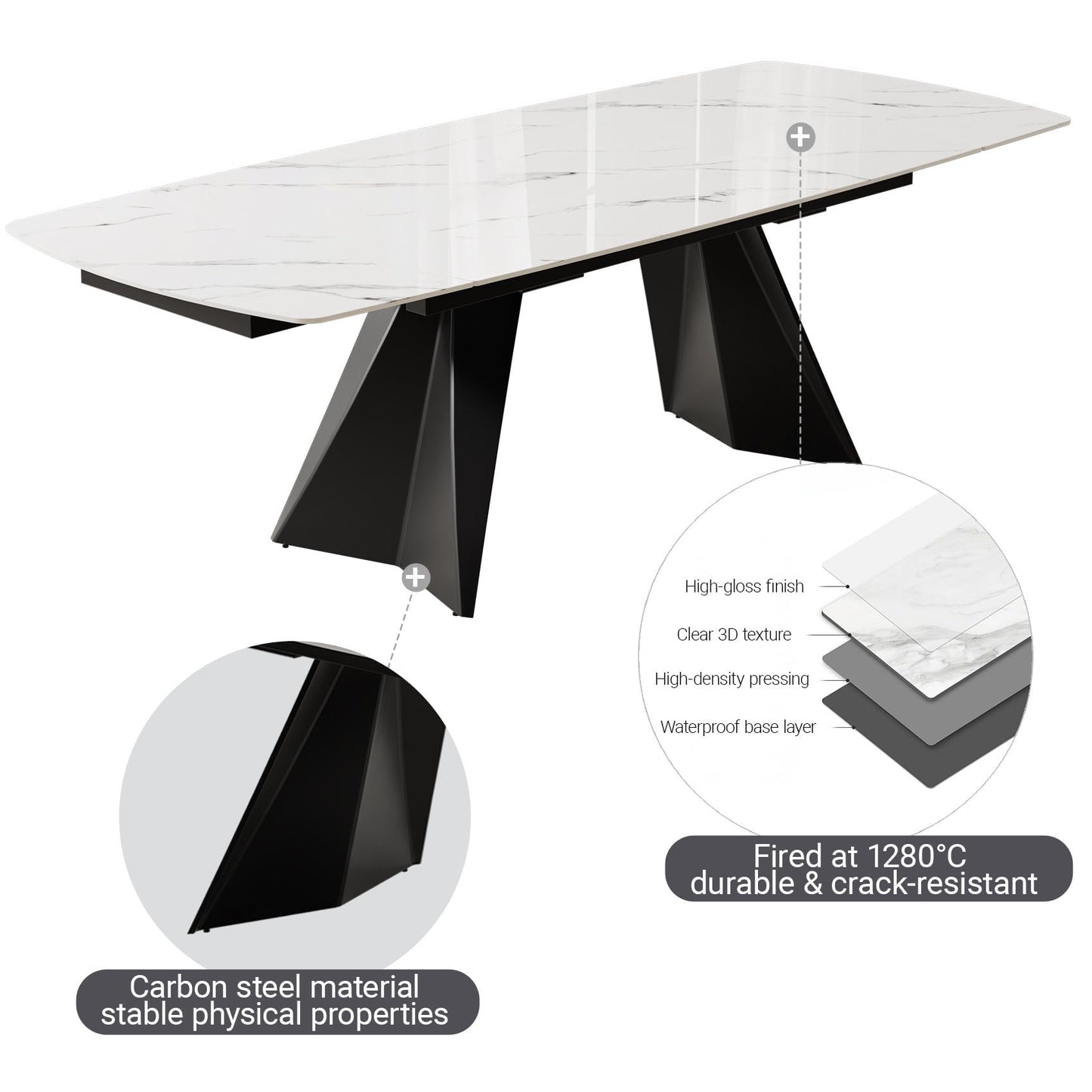 Extendable Dining Table with Leaf, 65"-95" Rectangular Sintered Stone, Marble-Look Top, Seats 6-12, Metal Base, Easy-Clean, Heat & Scratch Resistant, Dining Room/Kitchen Table for Family Gatherings
