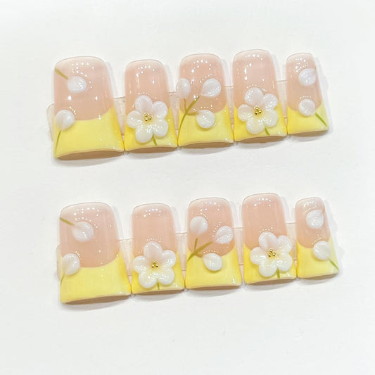 Spring Summer Duck Press on Nails Handmade Press on Nail Luxury Yellow French Acrylic Fake Nails 3D Flower Designs Stick on Nail Full Cover Thickened False Nails for Women Nail Art DIY（Size S 10 Pcs)