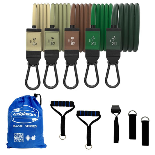 Bodylastics Basic Series Resistance Band Set- 5 Resistance Bands (46 Inch Each vs Pro 54 Inch), Handles, Ankle Straps, Door Anchor, Carry Bag and Snap Reduction Tech (3-190 Lbs Set Green)