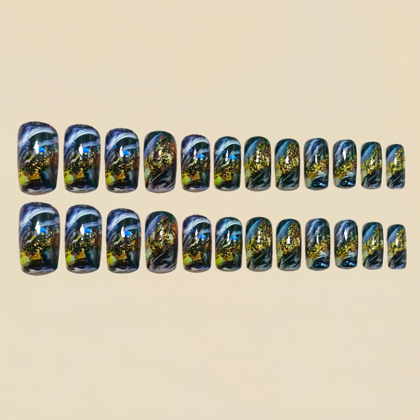 SINHOT Square Press on Nails - Short Fake Nails, Glossy Finish, Ink Style & Gold Leaf, DIY Artificial False Nail Art - 24 Pcs Nail Kit with Glue