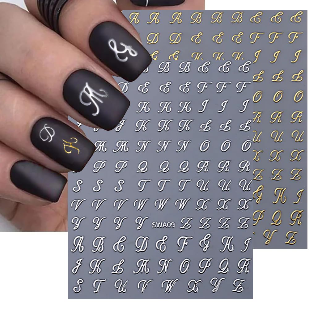 Letter Nail Stickers, 8 Sheets Old English Letter Nail Decals 3D Self-Adhesive Gold Silver Black White Retro English Pattern Old Alphabet Cursive Design Manicure Nail Accessories for Women Girls