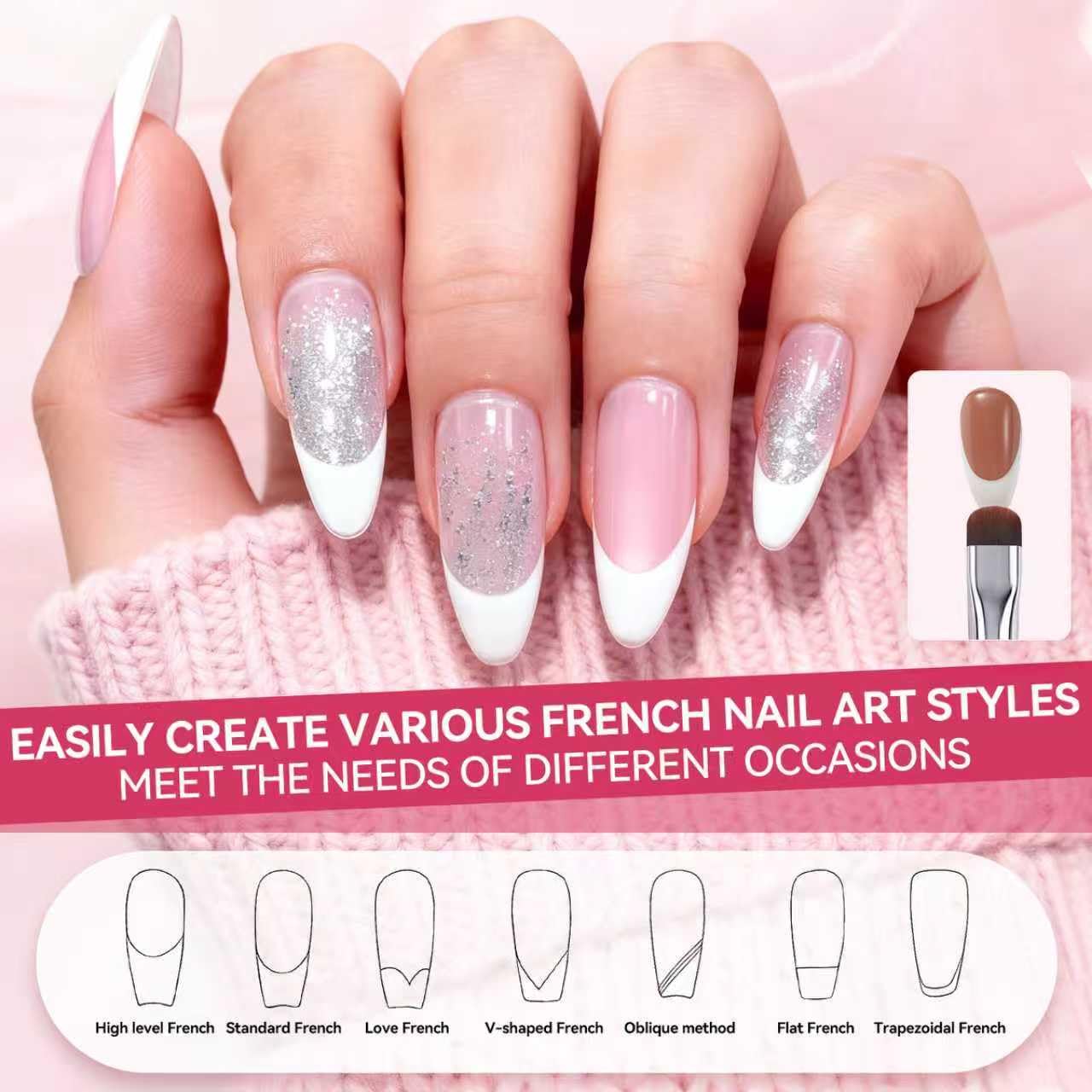 Nail Art Brushes Set 2-Piece: French Tip Brush and 12mm Liner Brush for Gel Clean Up, Smile Lines & Nail Design (Purple)