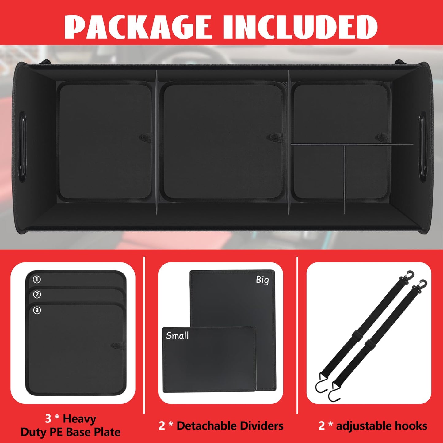 Car Trunk Organizer,Heavy Duty Collapsible 95 L Capacity Car Trunk Storage Organizer,Multi-Compartment Pockets, Adjustable Straps - Ideal for Travel, Camping, Shopping,Perfect for SUV, Truck, Sedan