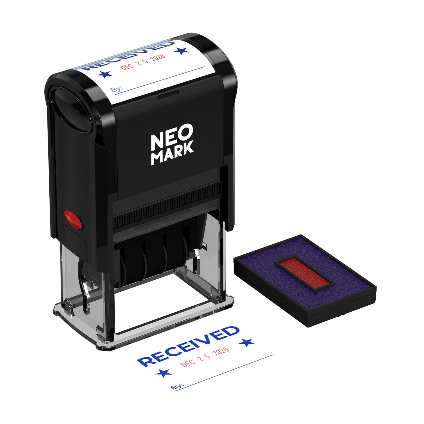 NEO MARK Large Self-Inking Date Office Stamp with Received Blue Ink & Date Red Ink, 12-Year Adjustable Rubber Dater, Ideal for Documents, Business & Accounting - with an Extra Refill Ink Pad