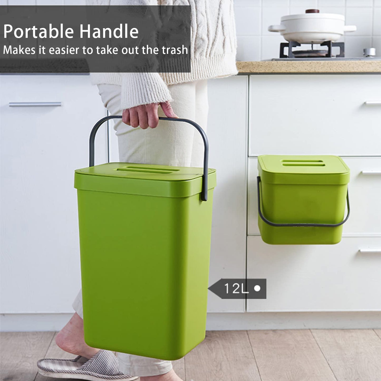 stonespace Small Trash Can with Lid，Mountable Indoor Compost Bucket, Hanging Trash Can with Lid for Cupboard/Bathroom/Bedroom/Office/Camping, 3.2 Gallon/12L Green