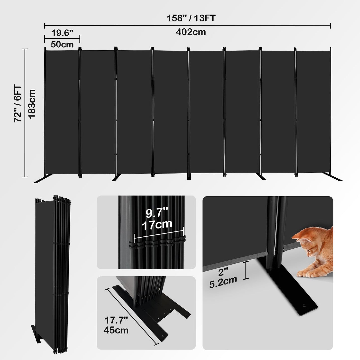 MAYOLIAH 8-Panel Black Room Divider 6ft Tall Folding Privacy Screen Portable Office Partition 160" W X 72" H