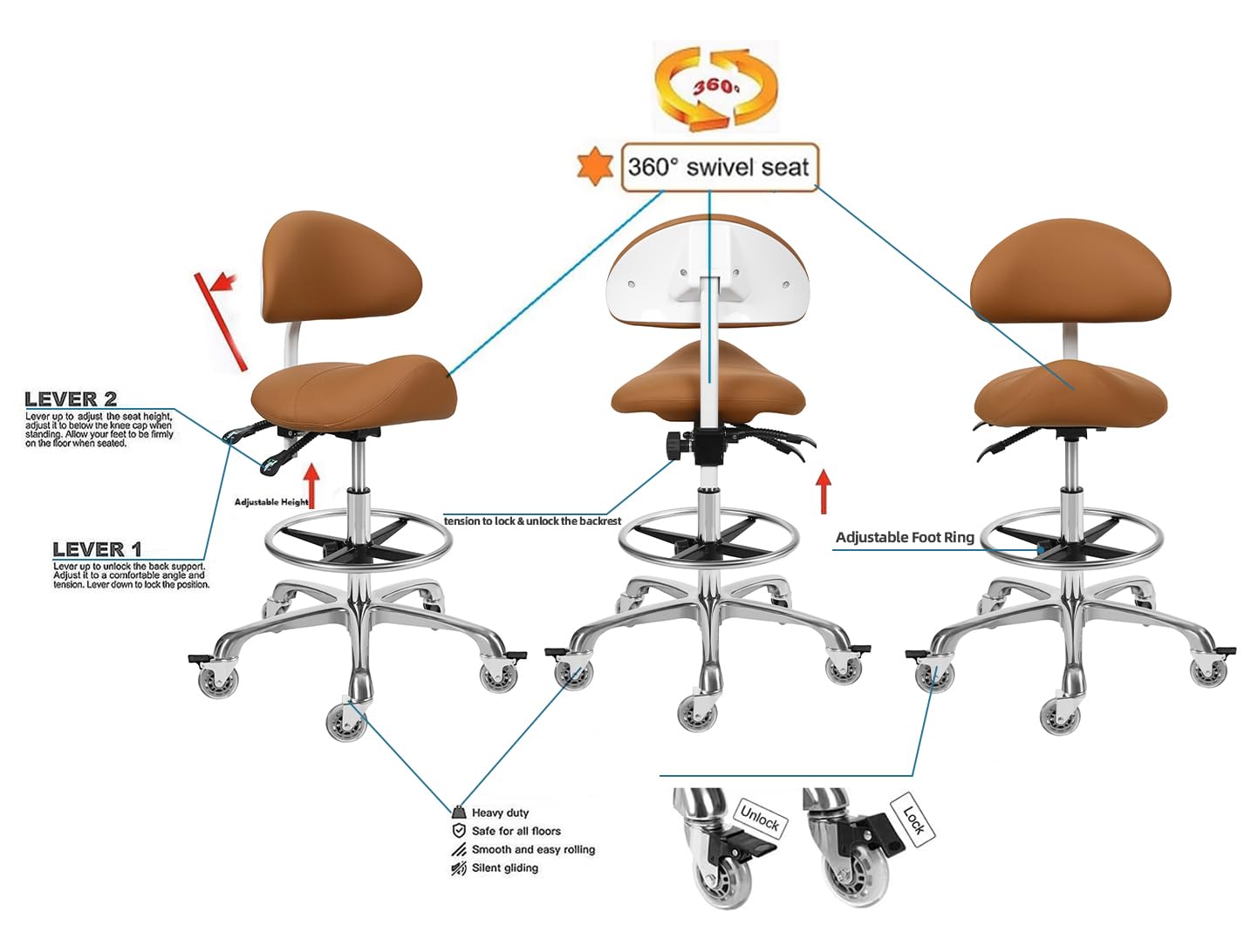 Saddle Stool Chair with Backrest and Footrest- Ergonomic Rolling Saddle Stools Hydraulic Swivel Adjustable Stool Esthetician Chair for Massage Beauty Salon Tattoo Dentist Clinic Home Office (Camel)