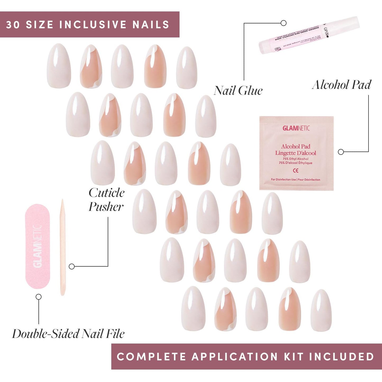 Glamnetic Press-On Nails Bundle - Lovey Dovey, Fall Mauve & Goal Digger | Almond Fake Nails with Abstract Accents | Muted Blush Mauve Oval False Nails | Natural Short Round False Nails wit