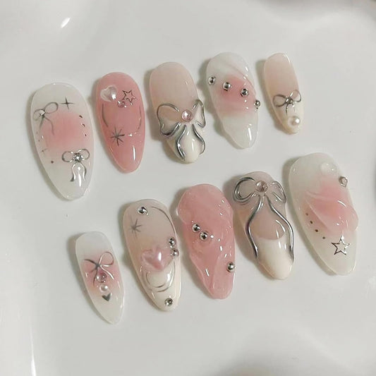 Pink Press on Nails Medium Almond False Nails Gradient Pink White Nails with Silver Bow & Rhinestone Design French Tip Fake Nails Reusable 3D Bow Glue on Nails for Women Party Wedding Manicure 24Pcs