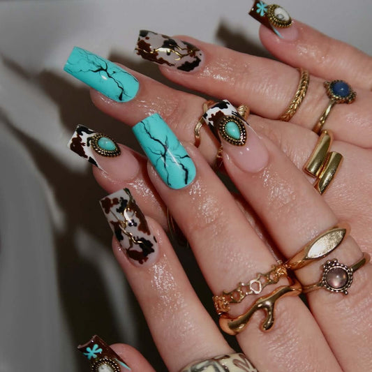 LINMEIZAI 24Pcs French Press on Nails Long Square Blue Marble Fake Nails Press ons Nail Tips, Flower Stick on Nails Acrylic Nails Kit False Nails Retro Gem Design Nail Art for Women Cheerful Manicure