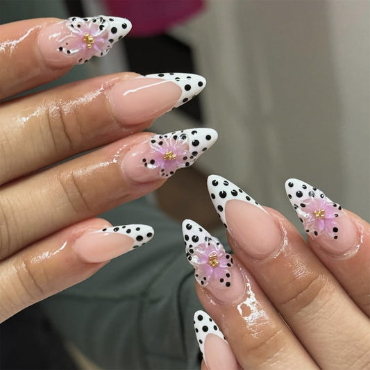 Flower Press on Nails Medium Alomnd Fake Nails with 3D Floral French Flower False Nails Press ons Spring Summer Polka Dot Acrylic Nails for Women Nail Decorations