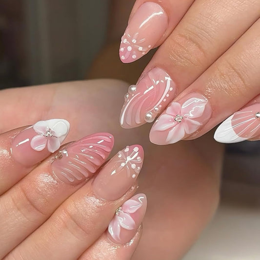 Short Almond Press On Nails - French Tip with Flower, Seashell & Pearls Design,24Pcs Reusable Manicure Kit for Women Girls