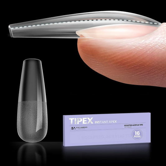 Tipex Instant Apex Nail Tips, Long Coffin Thicker Acrylic Nails,Strong Clear Pre-etched Press-on Nails,Matte Underside False Nails 128 Pcs 16 Sizes with 15g Tipex Nail Glue