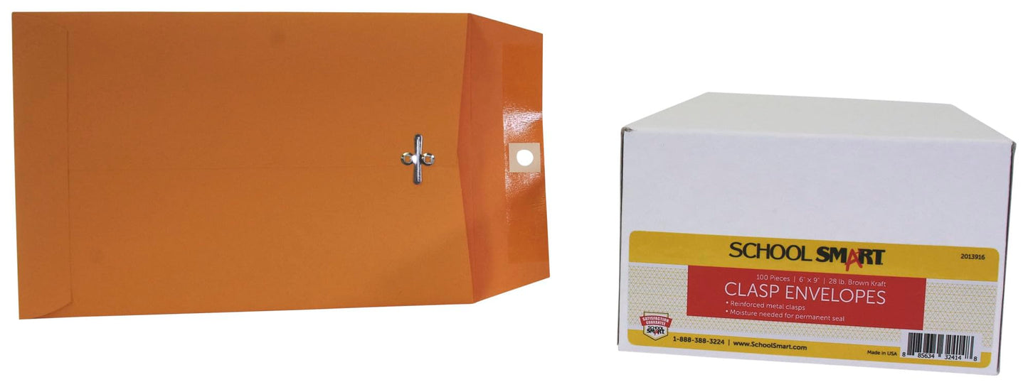 School Smart - 85038 Kraft Envelope with Clasp, 6 x 9 Inches, Pack of 100