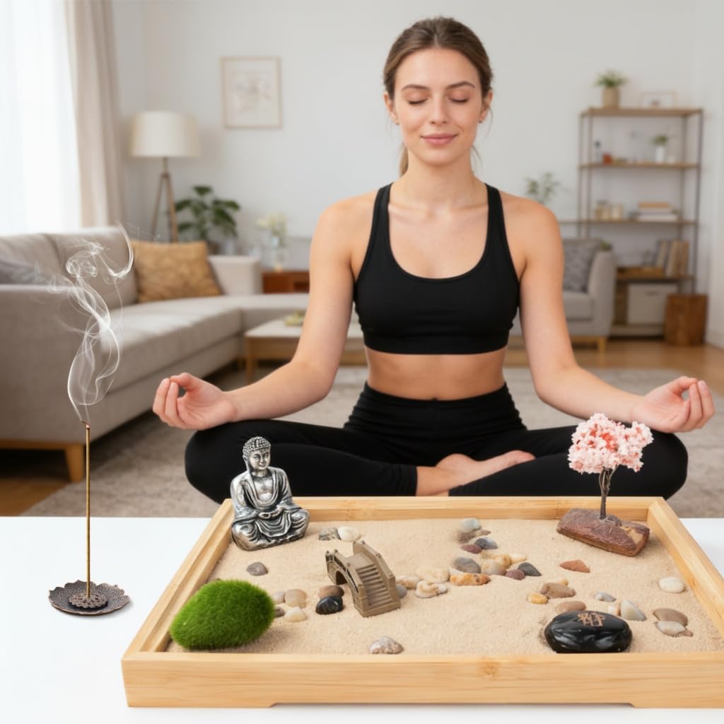 Zeckzoin Zen Sand Garden Kit for Desk with Incense Stick Holder 11"x7.5" 6 Tools, 16 Accessories