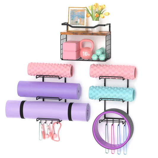 LIDTOP 6-Tiers Yoga Mat Holder Wall Mount with Wood Floating Shelves, Yoga Mat Storage Rack Home Gym Accessories with Hooks for Hanging Stretching Strap & Resistance Bands, Yoga Room/Home Gym Decor