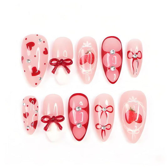 30Pcs Valentines French Tip Press on Nails Medium Almond Fake Nails with 3D Rhinestone Bow Designs Red Heart Strawberry False Nails Nude Glossy Full Cover Holiday Artificial Acrylic Nails for Women