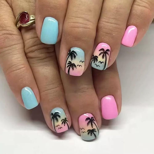 CTTHNBD Press on Nails Short - Square Fake Nails with Coconut Tree Design - Pink Blue False Nails Press ons - for Women Summer Manicure 24 Pcs
