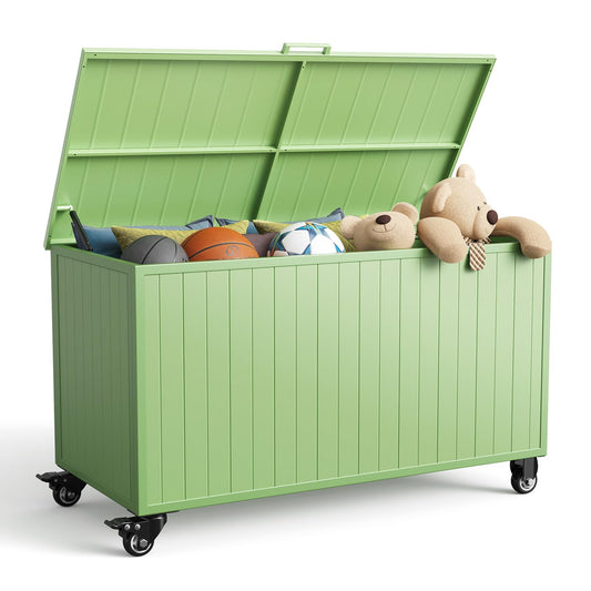 RICNOD Outdoor Storage Box with Wheels 150 Gallon, Mobile Aluminum Deck Boxes Outdoor Waterproof, UV Resistant Patio Storage Box with Lid for Patio Furniture, Garden Tools, Outdoor Cushion(Green)