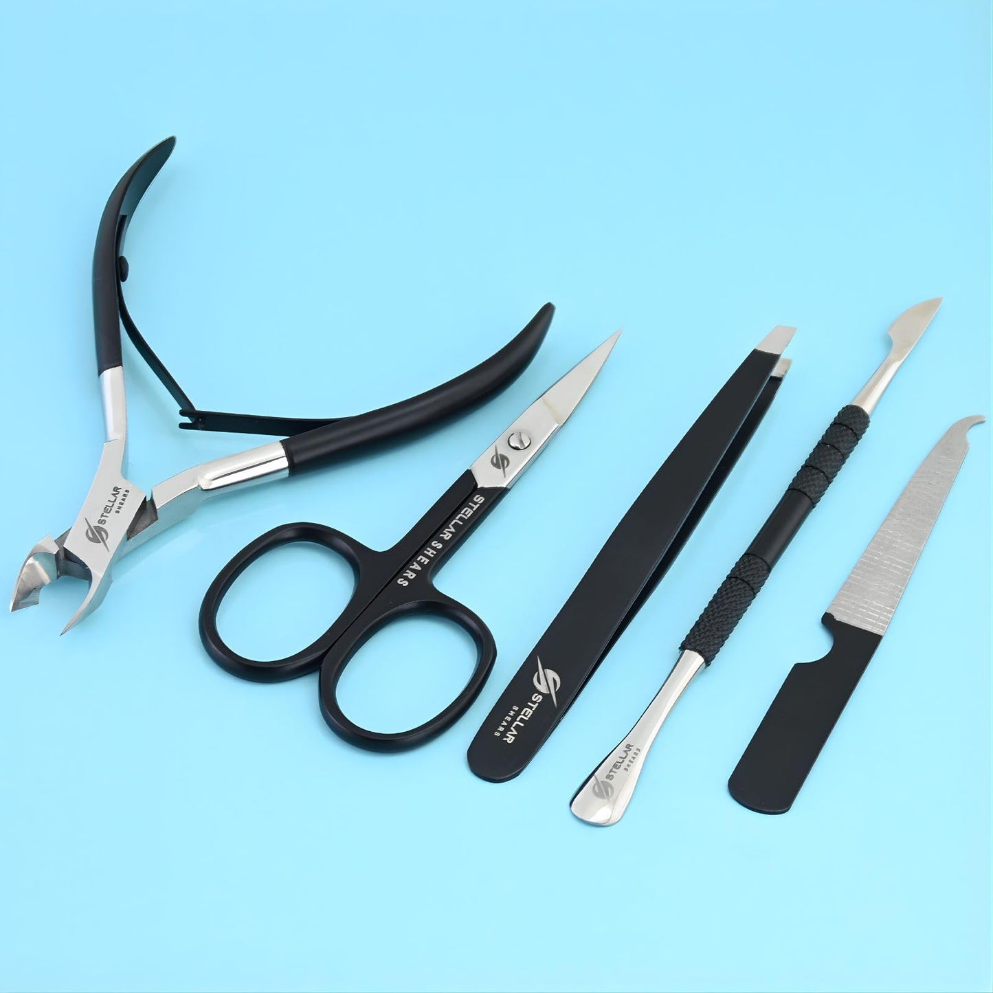 Stellar Shears 5-in-1 Cuticle Trimmer Set – Professional Cuticle Nipper, Scissors, Pusher, Tweezer & Nail File – Stainless Steel Manicure Pedicure Kit for Women, Salon & Home Nail Care (Matte Black)