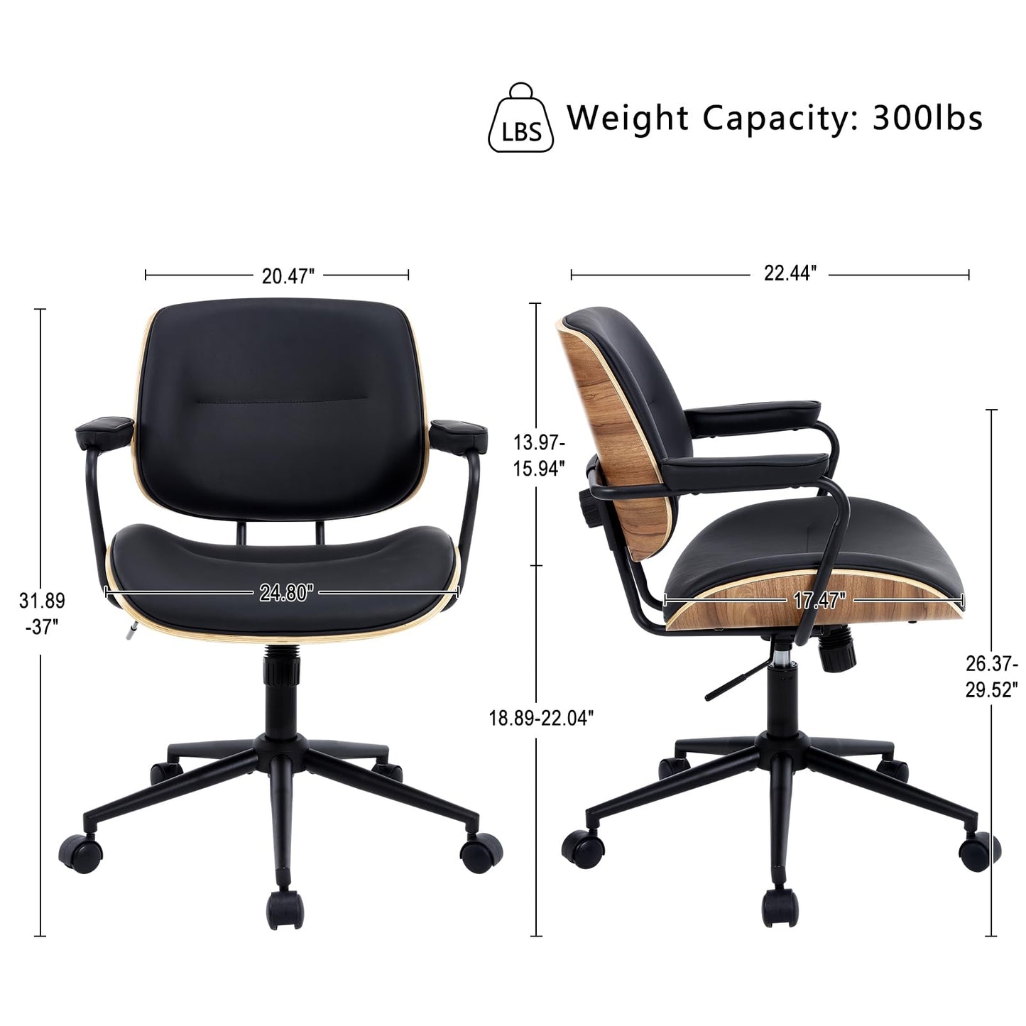 BV Mid Century Modern Office Chair Set of 1, Swivel Rolling Deak Chair with Armrests and Walnut Back, Adjustable Desk Chair for Home Office, Black